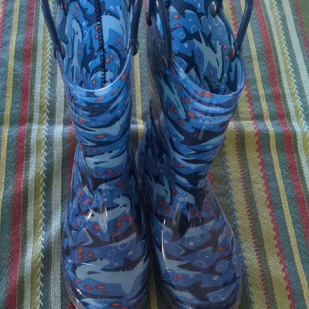 Western Chief Blue Shark Pattern Kids Rain Boots with Orange Accents